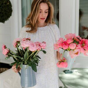 Lake Pajamas x Julia Berolzheimer Poplin Gathered Sleeve Dress in Spring Vine M